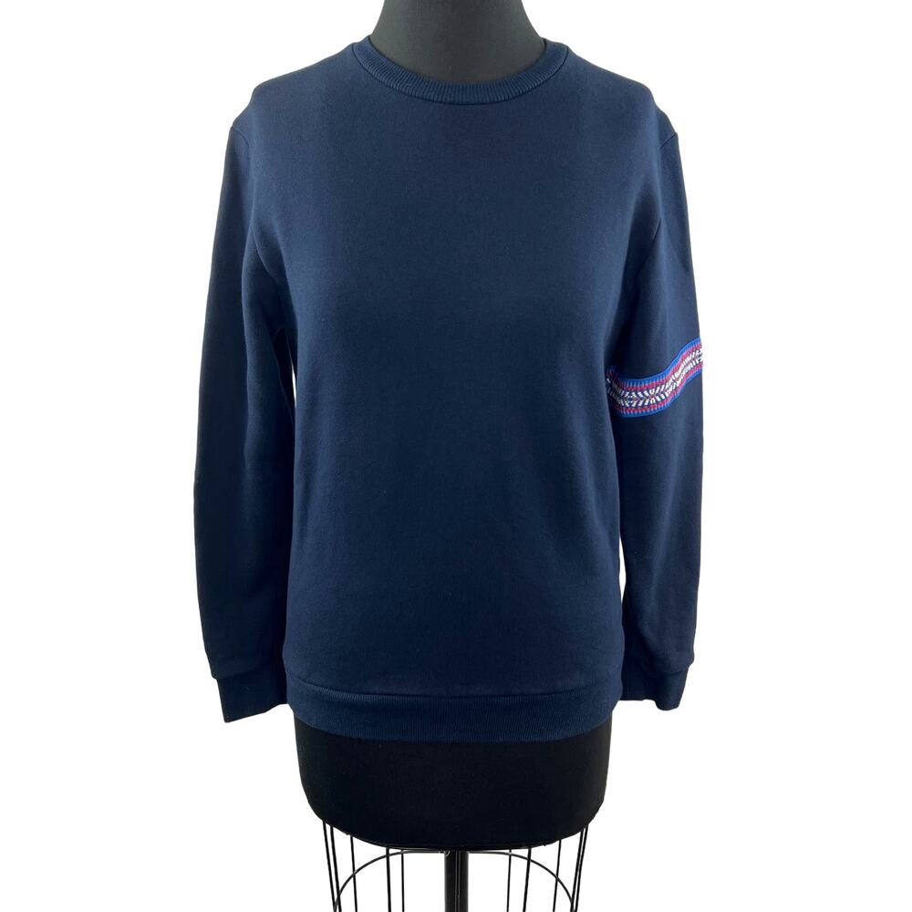 Cote A Coast Navy Blue Top Cotton Sleeve Trim Crew Neck Sweatshirt Size Small S